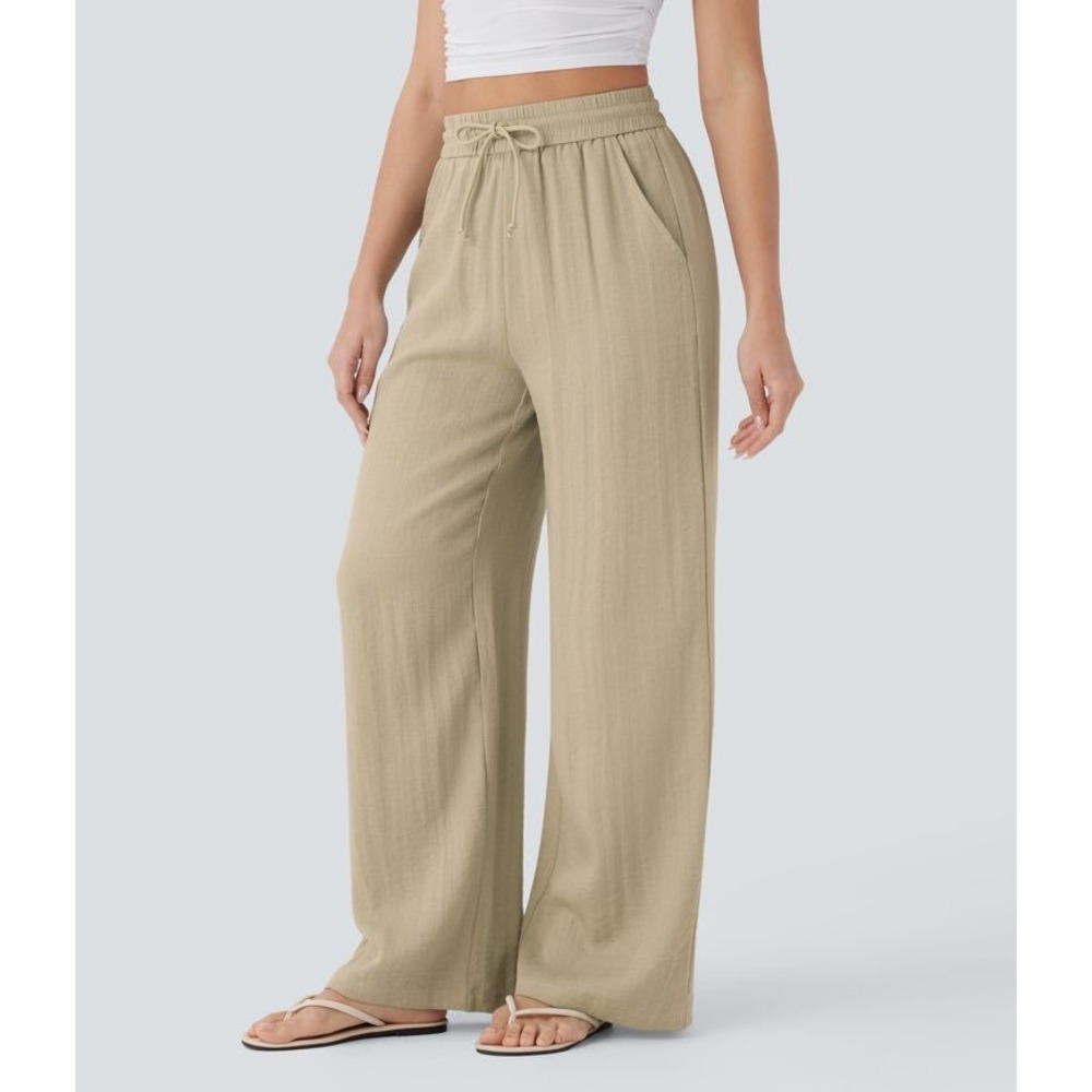 NWT Halara Wide Leg Drawstring Linen-Feel Pants Khaki Tall S Baggy High Waisted